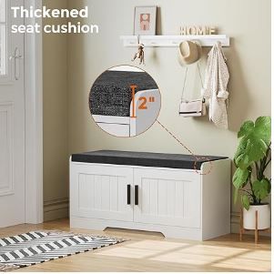 Photo 1 of 2- tier storage bench, shoe bench with padded seat cushion. 13.8" D x 37.4" W x 18.5" H white
