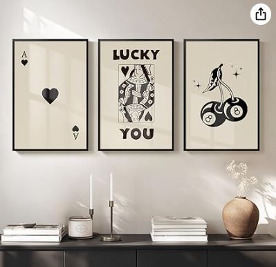 Photo 1 of Framed Black and White Poker Wall Art Decor, Large Lucky You Retro Ace of Heart Artwork for Walls, 3 Piece Modern Cherry Lucky 8 Ball Pictures Prints for Bedroom Bathroom Bar Wall Decor, 16x24 Inch