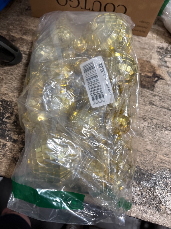 Photo 1 of 32 Pack Mini Disco Balls Decorations Different Sizes Mirror Ball with Hanging String Small Disco Ball Ornament for Disco Theme Party Cake Topper DJ Club Christmas Wedding Home Decor (Gold)