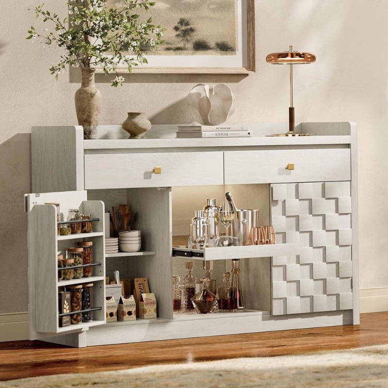 Photo 1 of  *** STOCK PHOTO FOR REFERENCE ONLY***Sideboard Buffet Cabinet with Charging Station & LED Light, 55" Large Kitchen Cabinet w/ 2 Drawers, Modern Storage Cabinets w/Pull-Out Shelf & Spice Rack for Kitchen, Dining Room BLACK