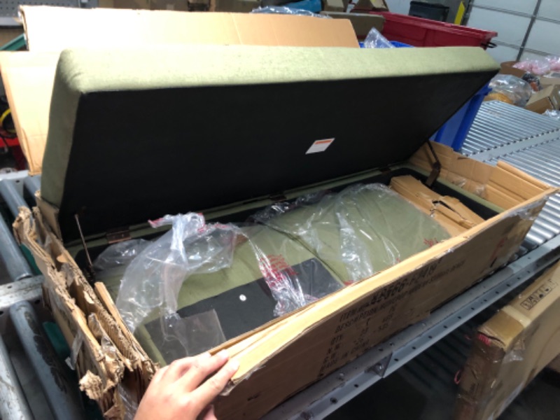 Photo 1 of ***DAMAGED - HINGES AND FRONT PANEL BROKEN - SEE PICTURES***
HomePop Modern Storage Bench with Wood Legs Home Décor|Bench with Storage for Living Room & Bedroom - Olive Green Woven