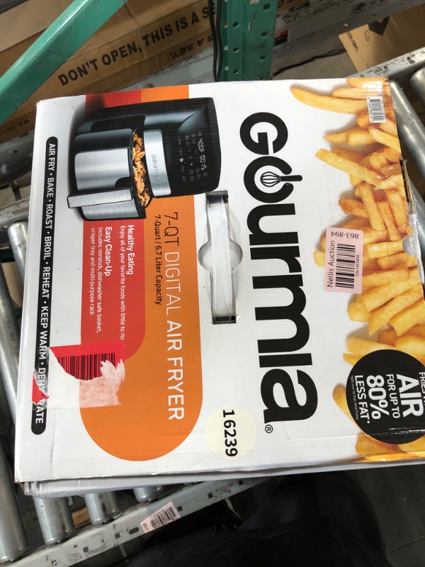 Photo 1 of *USED DIRTY FROM USE*Gourmia Digital Air Fryer – 7 QT, FryForce 360° Technology, 10 Presets, Guided Cooking Prompts, Auto Shut-Off, Dishwasher Safe Basket, 1500W, black/Stainless Steel