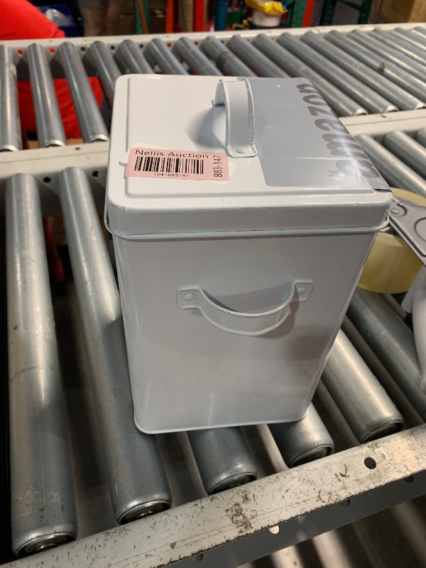 Photo 1 of ***(HEAVILY USED/ MINOR DAMAGE)***Youeon 200 Oz/25 Cup Metal Flour Storage Container with Airtight Lid and Measuring Scoop, Square Flour Canister with Handle, White Storage Canister for Kitchen Counter, Farmhouse Decor