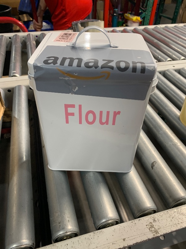 Photo 1 of ***(HEAVILY USED/ MINOR DAMAGE)***Youeon 200 Oz/25 Cup Metal Flour Storage Container with Airtight Lid and Measuring Scoop, Square Flour Canister with Handle, White Storage Canister for Kitchen Counter, Farmhouse Decor