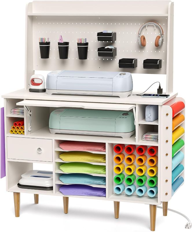 Photo 1 of ?????? Craft Table for Cricut Machines, Organizers and Storage Cabinet with USB Ports and Outlets, Crafting Desk Vinyl Roll Holder Tool Accessories Organization with Storage and Pegboard