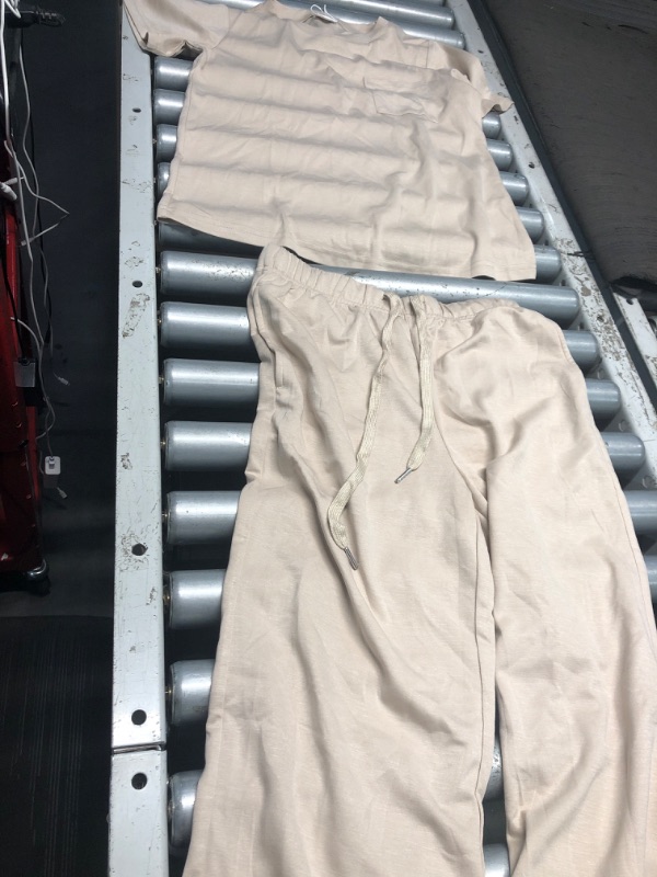 Photo 1 of (BAGGED) (SMALL) WIHOLL Beach Vacation Clothes for Women 2 Piece Travel Airport Outfits Fashion 2025 Comfy Summer Matching Sets Women Clothing Tropical Wide Leg Pants Lounge Sets Pjs Beige Small