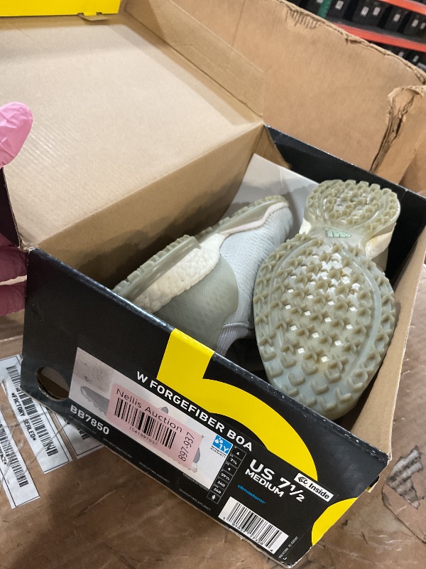 Photo 1 of ***(HEAVILY USED/ MINOR DAMAGE)***adidas Women's FORGEFIBER BOA Golf Shoe, Grey Two/FTWR White/Silver Metallic, 7.5 M US