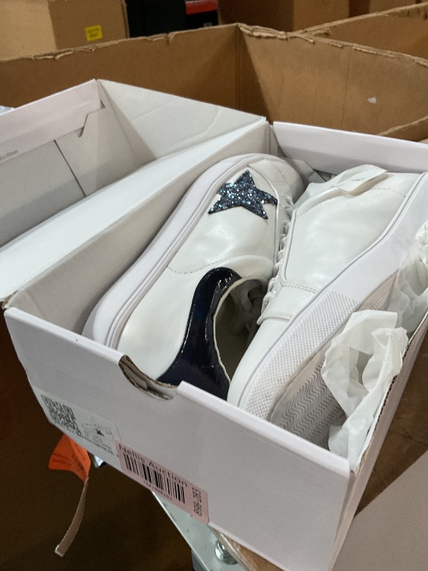 Photo 1 of ***(HEAVILY USED/ MINOR DAMAGE)***FEVERSOLE Women's Featured PU Leather Colorful Lace Up Sneaker White Glitter Night Blue Star Size 9 M US