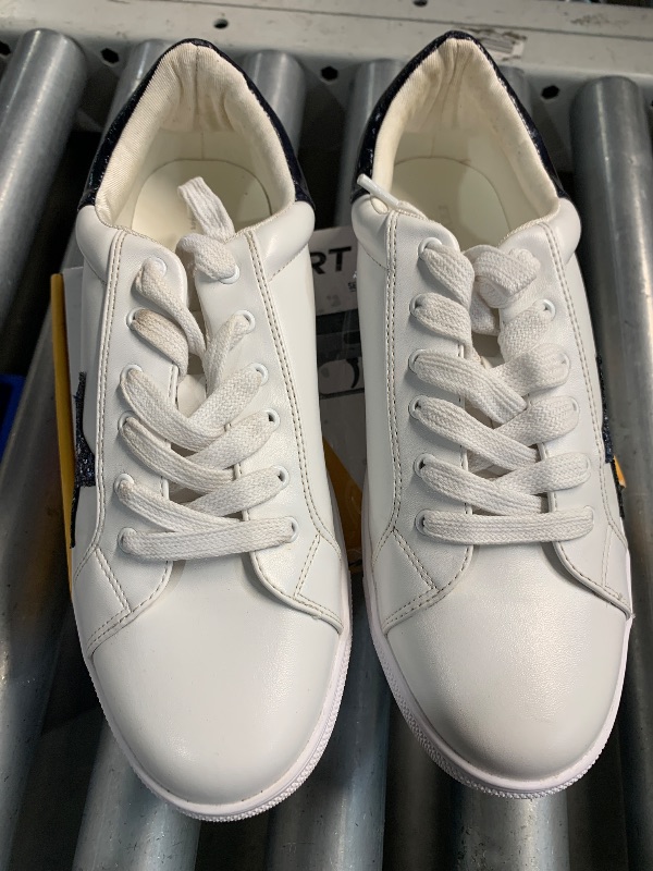 Photo 1 of ***(HEAVILY USED/ MINOR DAMAGE)***FEVERSOLE Women's Featured PU Leather Colorful Lace Up Sneaker White Glitter Night Blue Star Size 9 M US