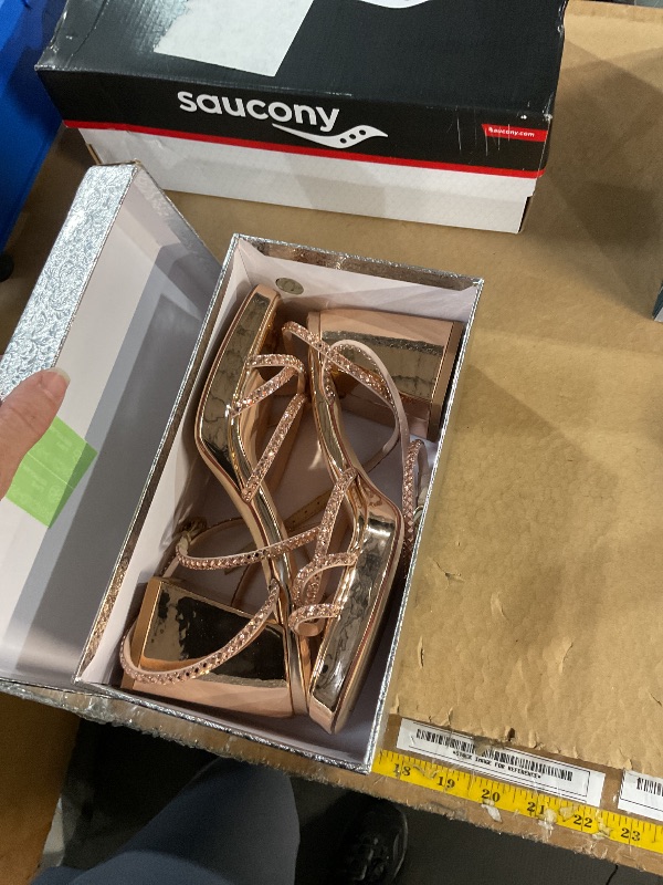 Photo 1 of ***(MINOR DAMAGE/ SEE NOTES)***ISNOM Champagne Heels for Women Platform Sandals Comfy Strappy Short Block Chunky Sandals Ankle Strap Summer Heeled Sandals Square Open Toe for Wedding Work Party Dressy Prom,Champagne,Size 8