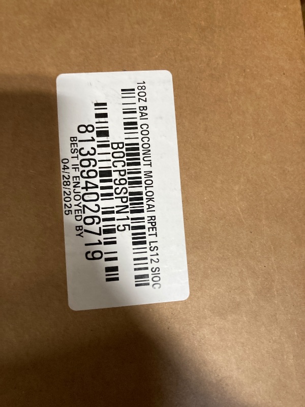 Photo 1 of **PALLET OF 15-20, EXPIRED 04/28/2025**
Bai Antioxidant Infused Water Beverage, Molokai Coconut, with Vitamin C and No Artificial Sweeteners, 18 Fluid Ounce Bottle, 12 Pack