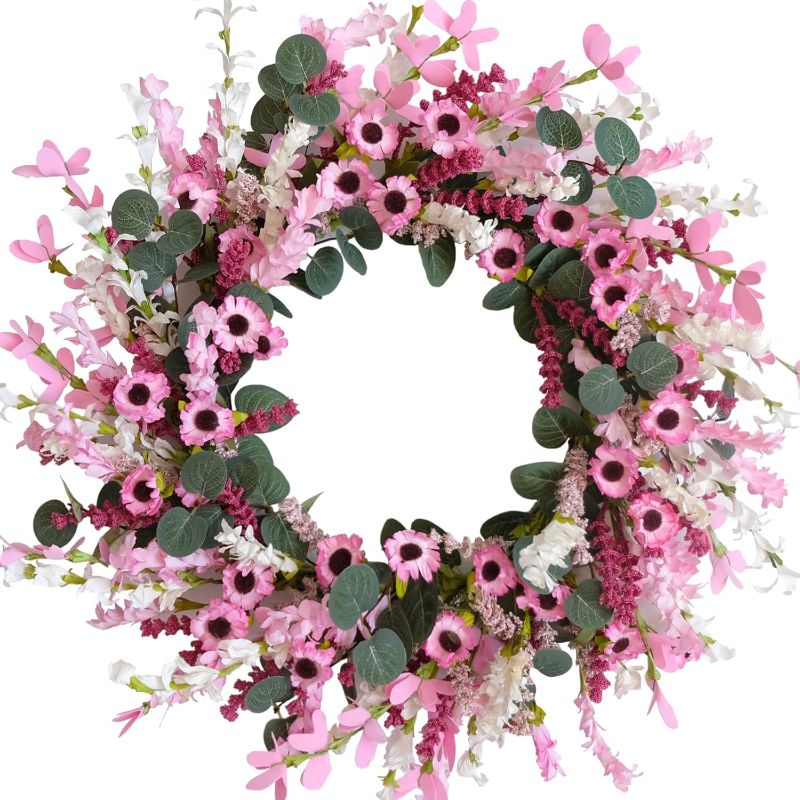 Photo 1 of 
Idyllic 18 Inch Pink Daisy Wildflowers Spring Summer Wreath for Front Door, Pink Lavender Eucalyptus Leaves for Valentine Wedding