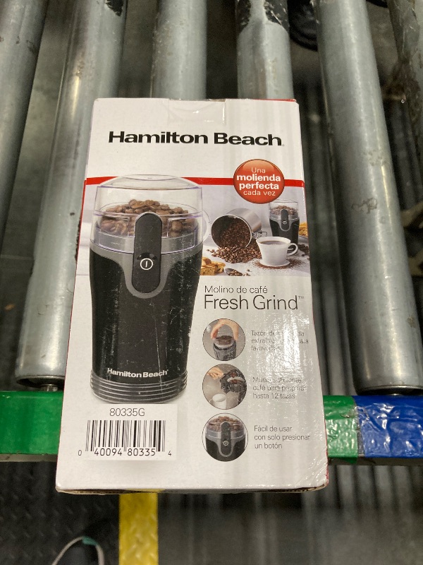 Photo 1 of Hamilton Beach Fresh Grind Electric Coffee Grinder for Beans, Spices and More, Stainless Steel Blades, Removable Chamber, Makes up to 12 Cups, Black
