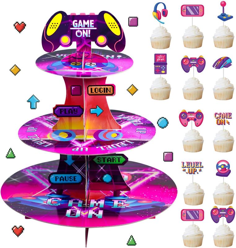 Photo 1 of 3 Tier Video Game Cupcake Stand and Toppers for 24 Cupcakes Gaming Theme Cardboard Cake Dessert Holder Tower for Gamer Night Party Decoration Boy Birthday Game On Decorations Themed Party Supplies
