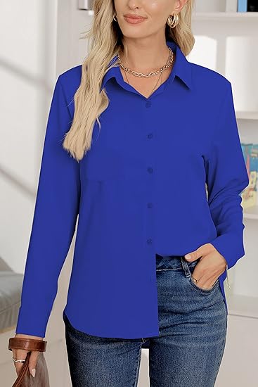 Photo 1 of AISEW Womens Casual Button Down Shirts V Neck Chiffon Long/Short Sleeve Collared Office Work Blouses Tops with Pocket
