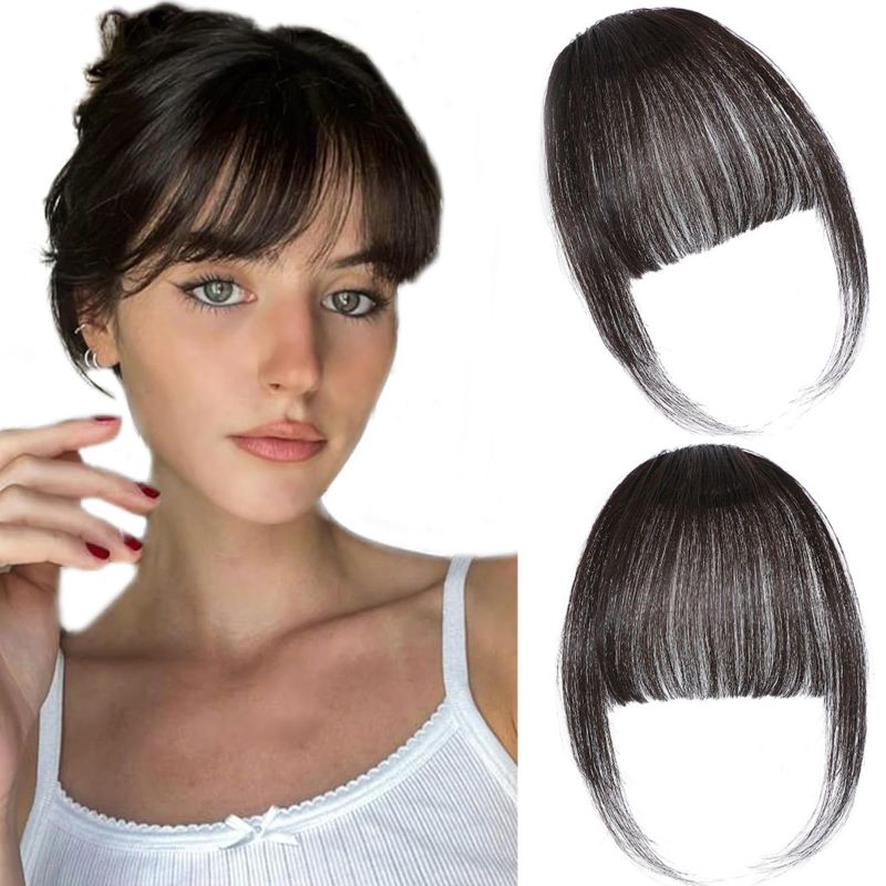 Photo 1 of ELEFOCUS Clip in Bangs 100% Real Human Hair Extensions Wispy Brown Black Fringe with Temples Hairpieces Faux Bangs for Daily Wear