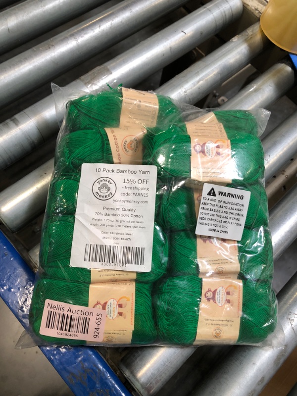 Photo 1 of 10-Pack of Yonkey Monkey Fingering Weight Yarn - 70% Rayon derived from Bamboo, 30% Cotton - Imported - Christmas Green 9064