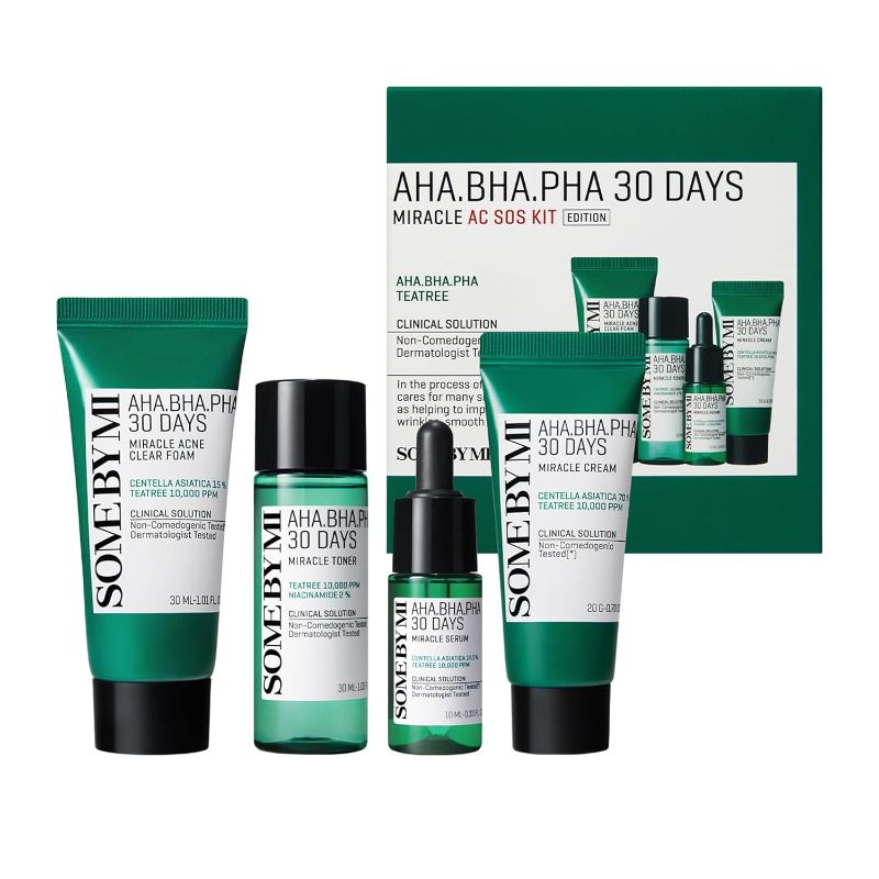 Photo 1 of     SOME BY MI AHA BHA PHA 30Days Miracle AC SOS Kit - Toner 1.01Oz, Serum 0.33Oz, Cream 0.7Oz, Foam 1.01Oz - Mild Exfoliating Daily Skin Care Set - Skin Wastes, Sebum, Oiliness Care - Korean Skin Care