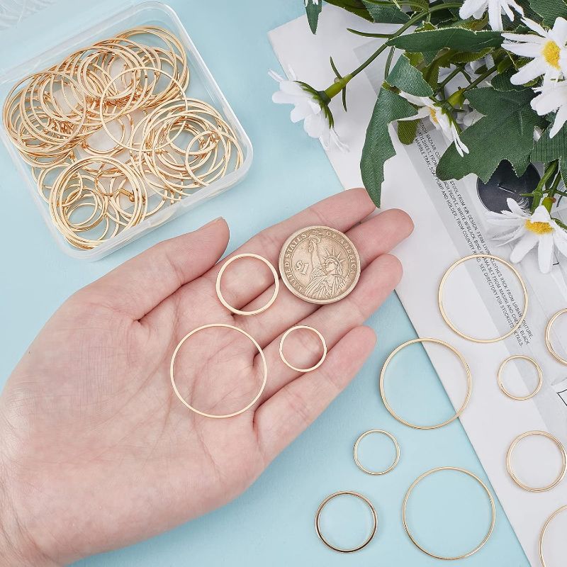 Photo 1 of 90Pcs 3 Style 18K Gold Plated Beading Hoop Earrings Finding Round Linking Rings Bezel Charms Connectors for DIY Jewelry Making Necklaces Bracelets