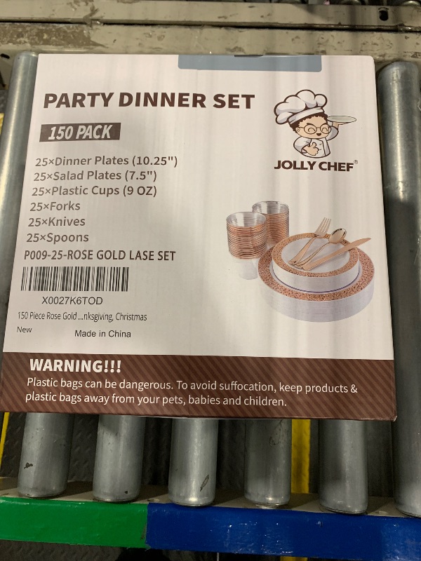 Photo 1 of 150 Count Rose Gold Dinnerware Set, Elegant Disposable Include: 25 Gold Lace Plastic Plates, 25 Dessert Plates, 25 Forks, 25 Knives, 25 Spoons, 25 Cups for Party, Thanksgiving