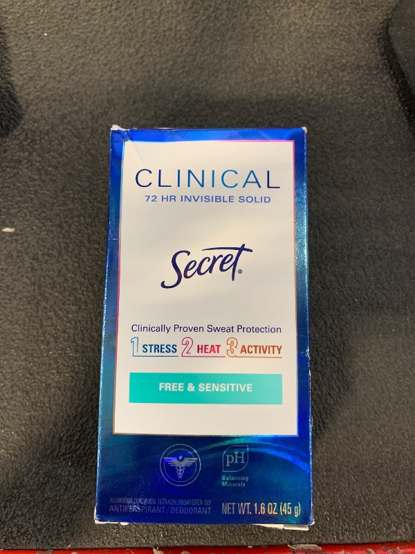 Photo 1 of ***1 PACK***Secret Clinical Strength Antiperspirant Deodorant for Women, Free & Sensitive, 3X Stress Protection, 72hr Sweat & Odor Protection, PH Balancing Minerals, Invisible Solid, Unscented, 1.6 oz (Pack of 3)
