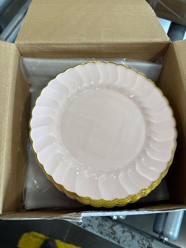 Photo 1 of   Hushee 50 Pcs Plastic Plates with Gold Trim 6'' Small Round Disposable Vintage Dessert Plates for Party Birthday Buffet Wedding Catering Celebration Reception (Pink)