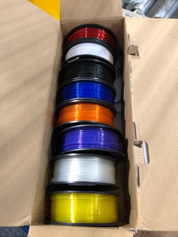 Photo 1 of JAYO PLA+ Filament Bundle 1.75mm, 3D Printer Filament Bundle Multicolor, Individually Vacuum Packed, 250g Spool, 8 Pack, 2KG in Total, Black+White+Transparent+Clear(Blue+Red+Orange+Yellow+Purple)