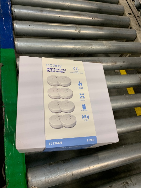 Photo 1 of Ecoey  Alarm Fire Detector, Battery Included Photoelectric Smoke Detector with Test Button and Low Battery Signal, Small Fire Alarm for Home, Bedroom FJ136GB, 8 Packs           