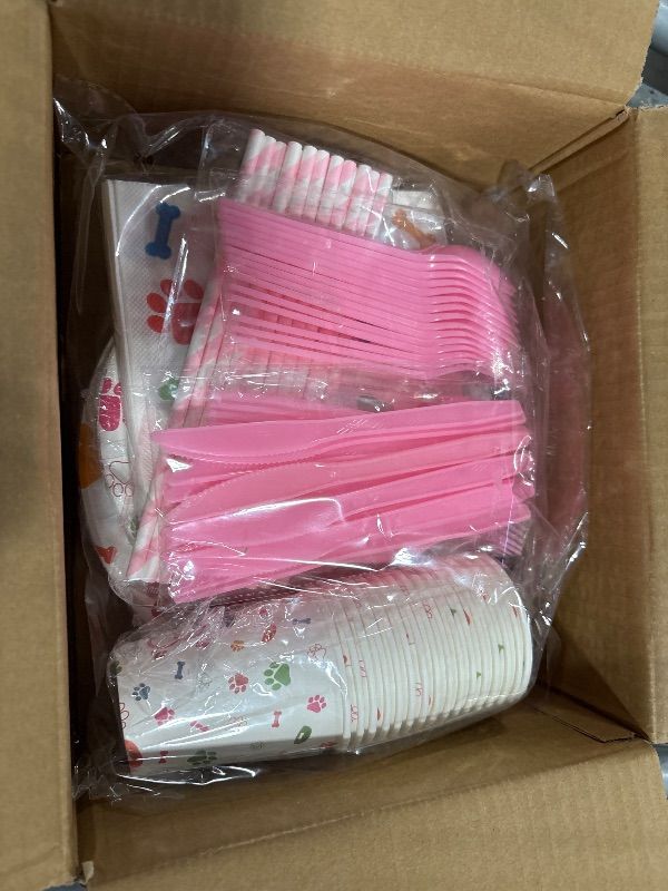 Photo 1 of 129 Pcs Dog Party Decorations Pet Dogs Birthday Party Tableware Supplies Including Dog Paw Plates Napkins Cups Straw Tablecloth for Puppy Party Decorations -Serves 16