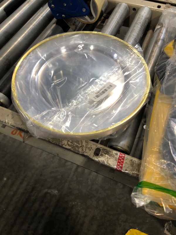 Photo 1 of BESTSTAR 12 Inch Disposable Charger Plates, 15 Pack Plastic Clear Plates with Gold Rim, Perfect Table Decor for Party, Wedding, Dinner         