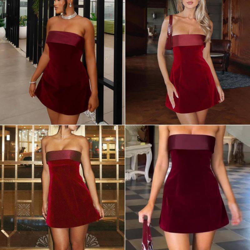 Photo 1 of (SMALL) (BAGGED) ANKOMINA Women's Sexy Strapless Bodycon Mini Dress Velvet Off Shoulder A-Line Tube Top Dress Party Club Dresses Red Small