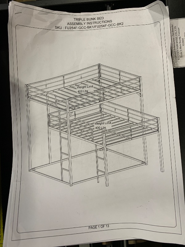 Photo 1 of (partial item)(box 1 of 2) PVWIIK Full Triple Bunk Bed with Side Ladder & Guardrails for Dorm,Bedroom,Guest Room,Metal Full Triple Bunk Bed 