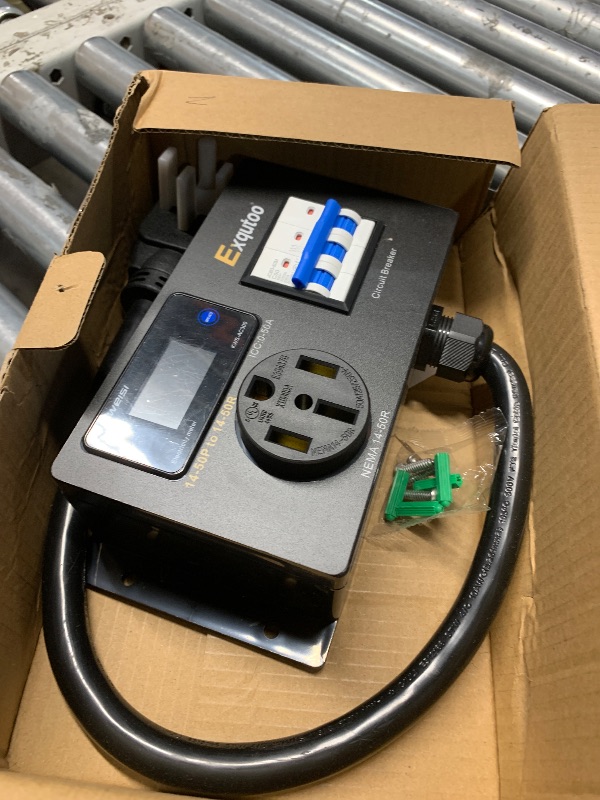 Photo 1 of Exqutoo AC Power Meter, 120/240 VAC NEMA 14-50P to NEMA 14-50R Outlet with Breaker & Voltmeter, LCD Digital Real-Time Display, Multifunction Monitor Outlet for RVs & Generators, 50 A, with Screws