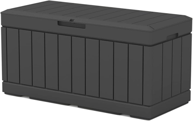 Photo 1 of (Please see all images) Patiowell 82 Gallon Resin Deck Box, Waterproof Large Wood Look Storage Box for Patio Furniture, Pool Accessories, Garden Tools and Sports Equipment, Lockable, Black