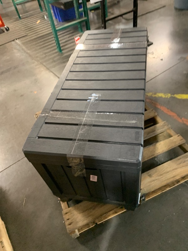 Photo 1 of (Please see all images) Patiowell 82 Gallon Resin Deck Box, Waterproof Large Wood Look Storage Box for Patio Furniture, Pool Accessories, Garden Tools and Sports Equipment, Lockable, Black
