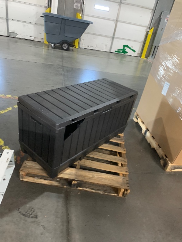 Photo 1 of (Please see all images) Patiowell 82 Gallon Resin Deck Box, Waterproof Large Wood Look Storage Box for Patio Furniture, Pool Accessories, Garden Tools and Sports Equipment, Lockable, Black