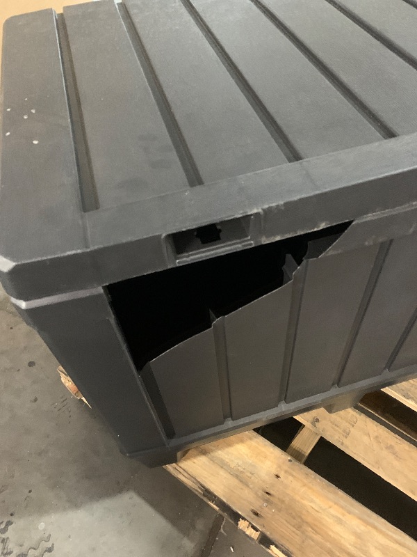 Photo 1 of (Please see all images) Patiowell 82 Gallon Resin Deck Box, Waterproof Large Wood Look Storage Box for Patio Furniture, Pool Accessories, Garden Tools and Sports Equipment, Lockable, Black