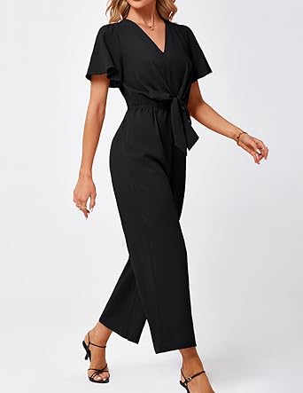 Photo 1 of  Women's Jumpsuits Summer Wide Leg Short Sleeve Casual Dressy Linen Pants Rompers Black X-Large