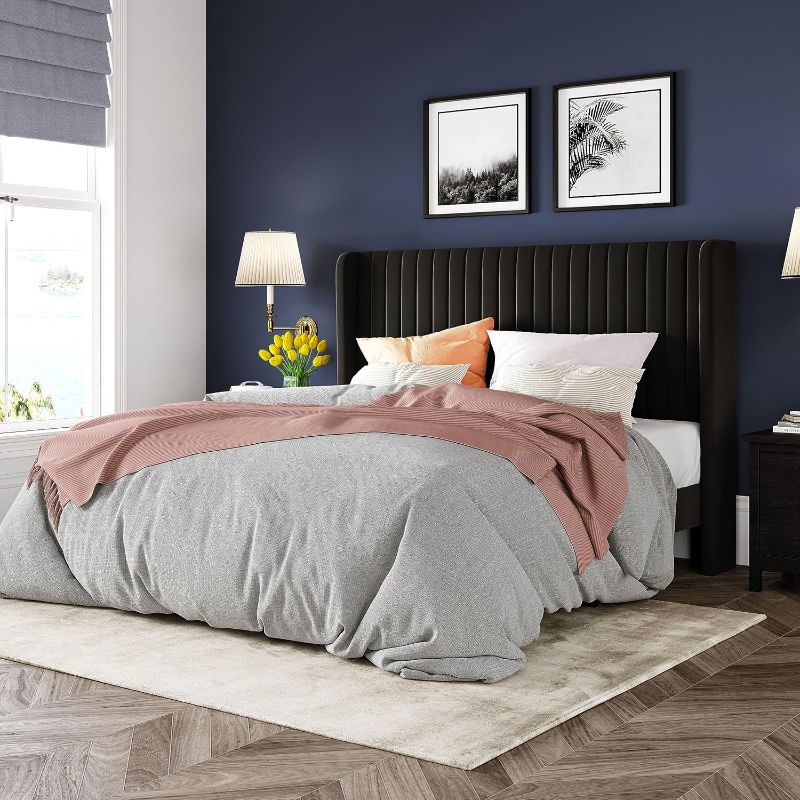Photo 1 of **TRUCK/TRAILER PICK UP ONLY** (PARTS) (PARTIAL SET) Allewie Queen Size Velvet Bed Frame/Vertical Channel Tufted Wingback Headboard/Upholstered Platform Bed/Strong Wooden Slats/No Box Spring Needed/Easy Assembly/White