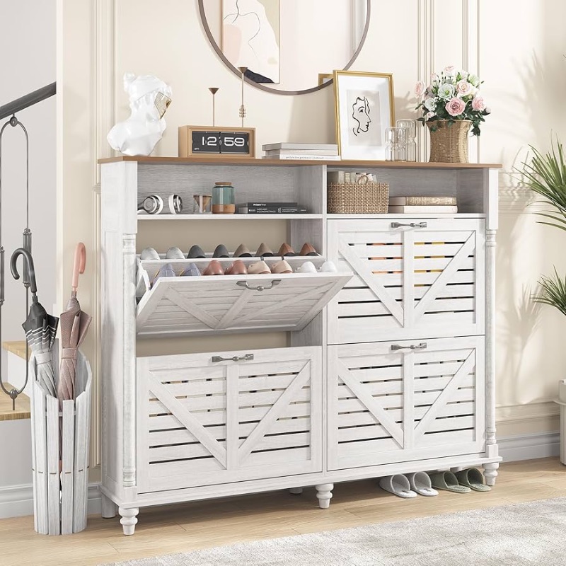 Photo 1 of ***STOCK PHOTO REFERENCE ONLY***Maupvit Large Shoe Cabinet with 4 Flip Drawers, Fluted Shoe Cabinet Storage for Entryway with Open Storage, Tall Free Standing Shoe Rack Organizer for Foyer, Hallway