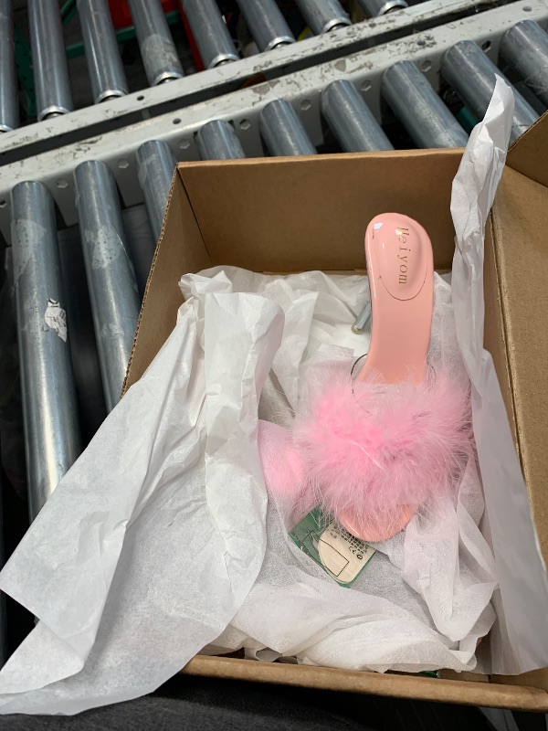 Photo 1 of (7) (USED/FAIR) Women's Fuzzy Slippers Clear Heels Pointed Toe Stilettos Heels Mules Sandals Fluffy Feather Slip On High Heeled Party Prom Dresses Shoes Pink 38 US7
