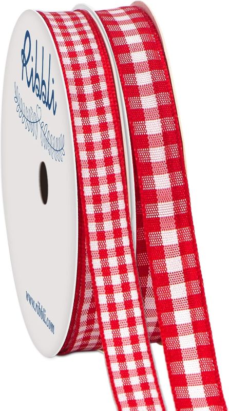 Photo 1 of  2 Rolls Red and White Gingham Ribbon,Total 20 Yards,3/8 Inch x 10 Yard Each Roll,Polyester Woven Edge,2 Styles Red Plaid Ribbon