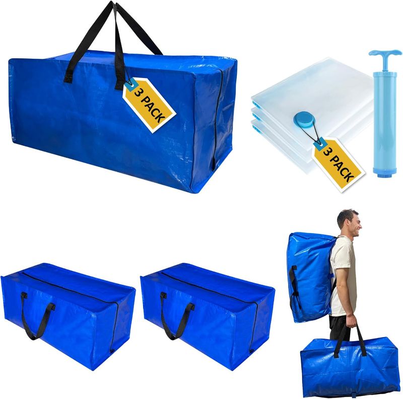 Photo 1 of (MISSING ALL VACCUM BAGS & ACCESSORIES) 6 Pack Heavy Duty Extra Large Moving Bags with Backpack Straps & Vacuum Storage Bags Moving Supply Combo, Moving Totes with Handles & Zippers for Space Saving, Fold Flat, Includes Vacuum Bags
