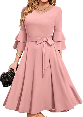 Photo 1 of (MEDIUM) (BAGGED) DRESSTELLS Cocktail Dress 2025, Long Bell Sleeves & V-Neck, Formal Bridesmaid Prom Dresses for Party BLUSH SIZE MEDIUM