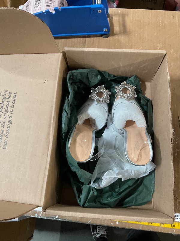Photo 1 of (3.95" 6) (USED/FAIR) Fericzot Women's Clear Heels Shoes, Crystal Rhinestones Slingback Wedding Shoes Pointed Toe High Heel Sandals Silver 3.95" 6