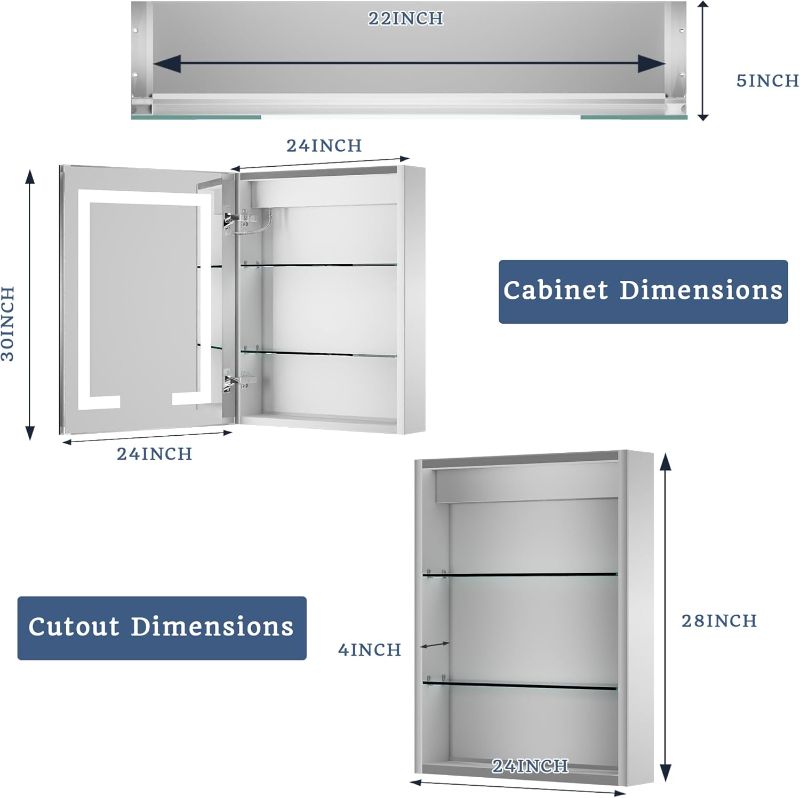Photo 1 of (HARDWIRE REQUIRED) (UNTESTED) ExBrite LED Lighted Bathroom Medicine Cabinet with Mirror, 24 x 30 Inch, Recessed or Surface led Medicine Cabinet, Defog, Stepless Dimming,Color Temper Change,  Storage Shelves, Left Hinge