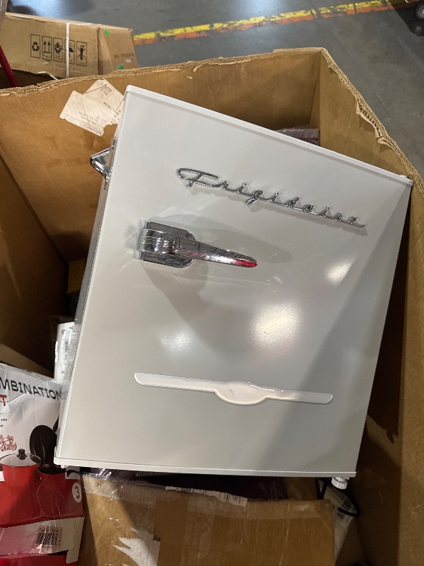 Photo 1 of (PARTS) (WONT COOL) (DAMAGED) Frigidaire EFR176 Retro Compact Fridge with Chiller Mini Refrigerator with Built-in Bottle Opener for Office, Bedroom, Dorm Room or Cabin, 1.6 cu ft 16" D x 18" W x 18.5" H, Moonlight