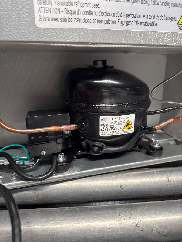 Photo 1 of (PARTS) (WONT COOL) (DAMAGED) Frigidaire EFR176 Retro Compact Fridge with Chiller Mini Refrigerator with Built-in Bottle Opener for Office, Bedroom, Dorm Room or Cabin, 1.6 cu ft 16" D x 18" W x 18.5" H, Moonlight