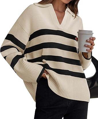 Photo 1 of (LARGE) (BAGGED) ZESICA Women's Winter Sweaters Lapel V Neck Long Sleeve Striped Chunky Knit Oversized Pullover Sweater Jumper Tops LARGE
