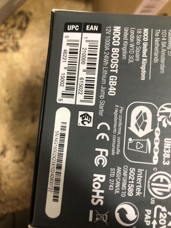 Photo 1 of NOCO Boost Plus GB40 1000A UltraSafe Car Battery Jump Starter, 12V Jump Starter Battery Pack, Battery Booster, Jump Box, Portable Charger and Jumper Cables for 6.0L Gasoline and 3.0L Diesel Engines